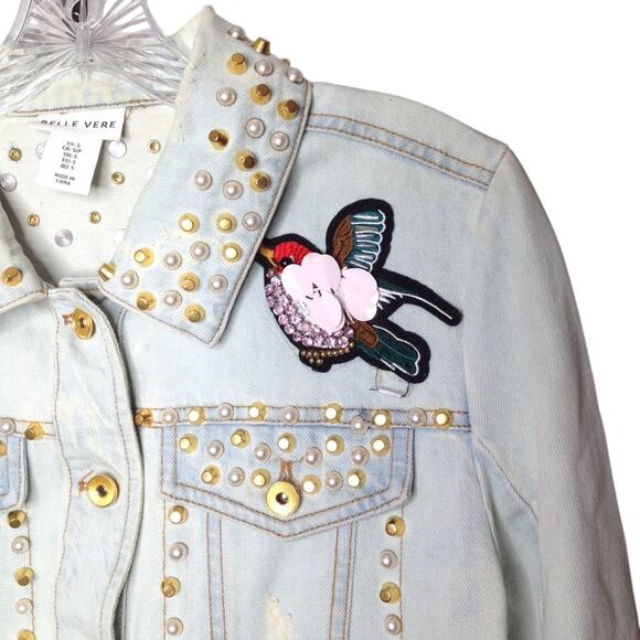 Belle Vere Gold Stud Embroidered Blue Denim Jacket Size Small - Picture 3 of 8